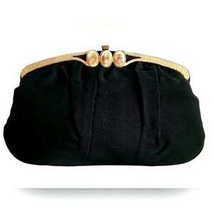 1950s Cameo Embellished Clutch w/ Gold Hardware and Satin Lining